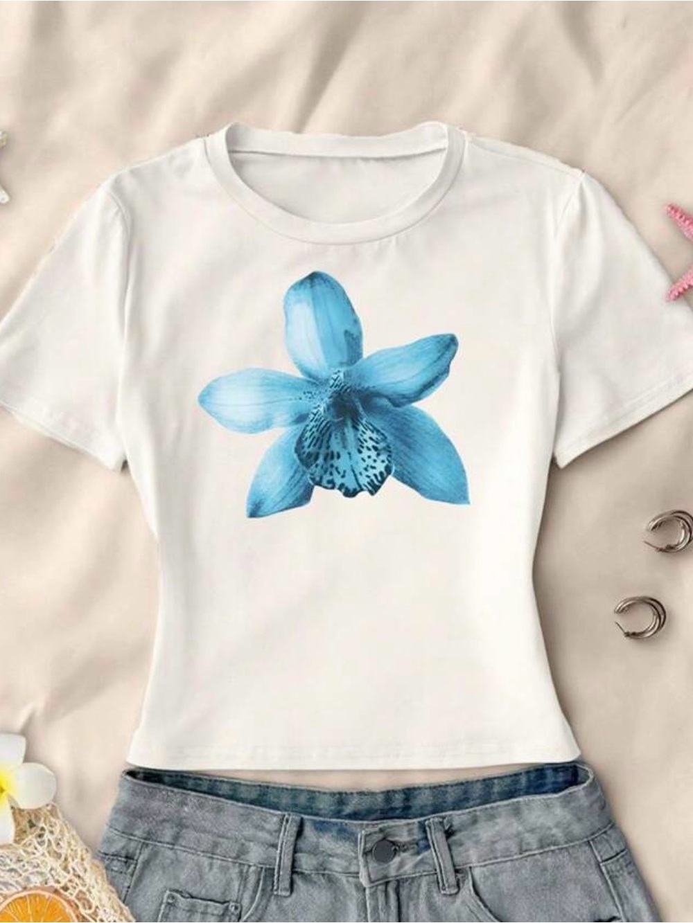 Amazon White Tee with Large Blue Floral Print